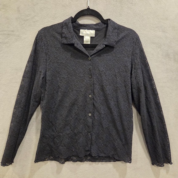Susan Bristol Tops - VTG Susan Bristol Black Lace Sheer Top Size L Button Down Shirt 90s Y2K Witchy